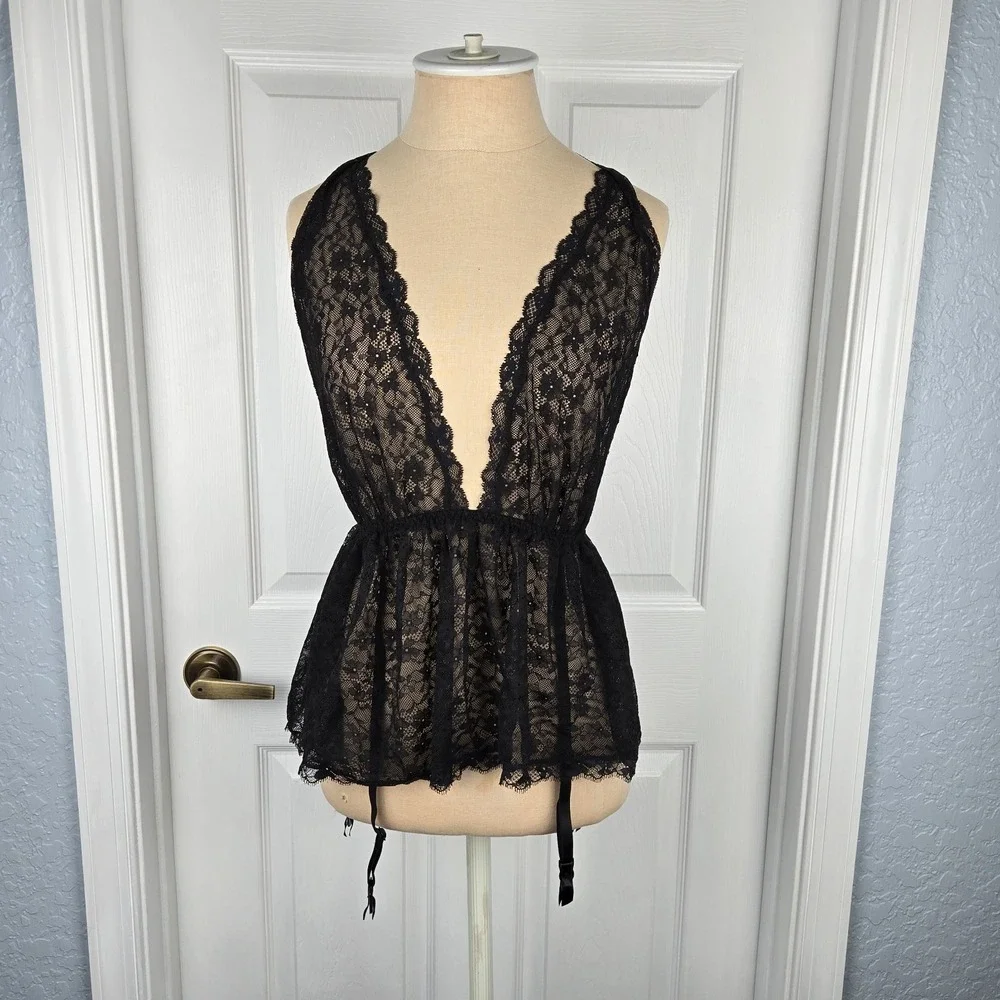 Victoria's Secret Black Lace Halter‎ Top Nightie With Garters Size S Lingerie